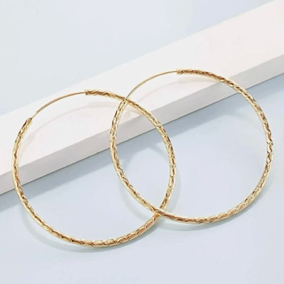 14K Yellow Gold Endless Diamond Cut Hoop Earrings, 50mm - Picture 3 of 5
